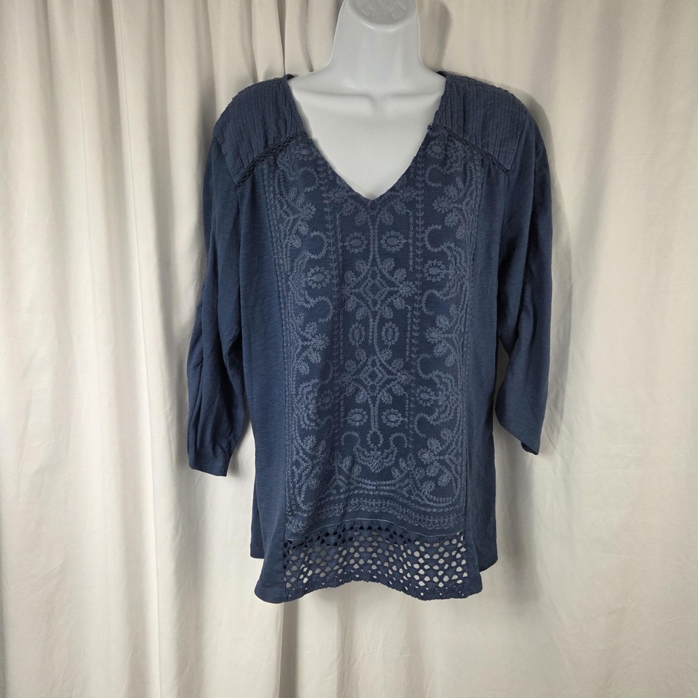 Style & Co Blouse Womens Large Blue Embroidered 3/4 Sleeve Tunic Top Crochet Hem